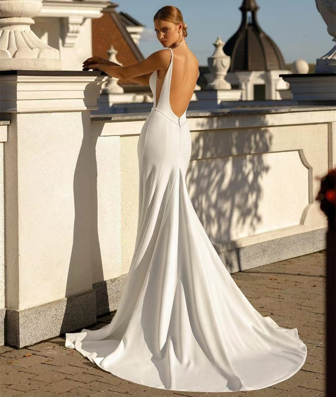 Elegant Long Crepe V-Neck Beaded Wedding Dresses With Cape Mermaid Ivory Sweep Train Bridal Gowns for Women