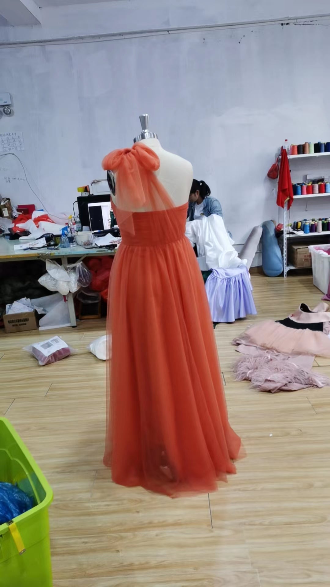 Elegant Long Orange One Shoulder Prom Dresses A-Line Pleated Tulle Floor Length Evening Dresses for Women