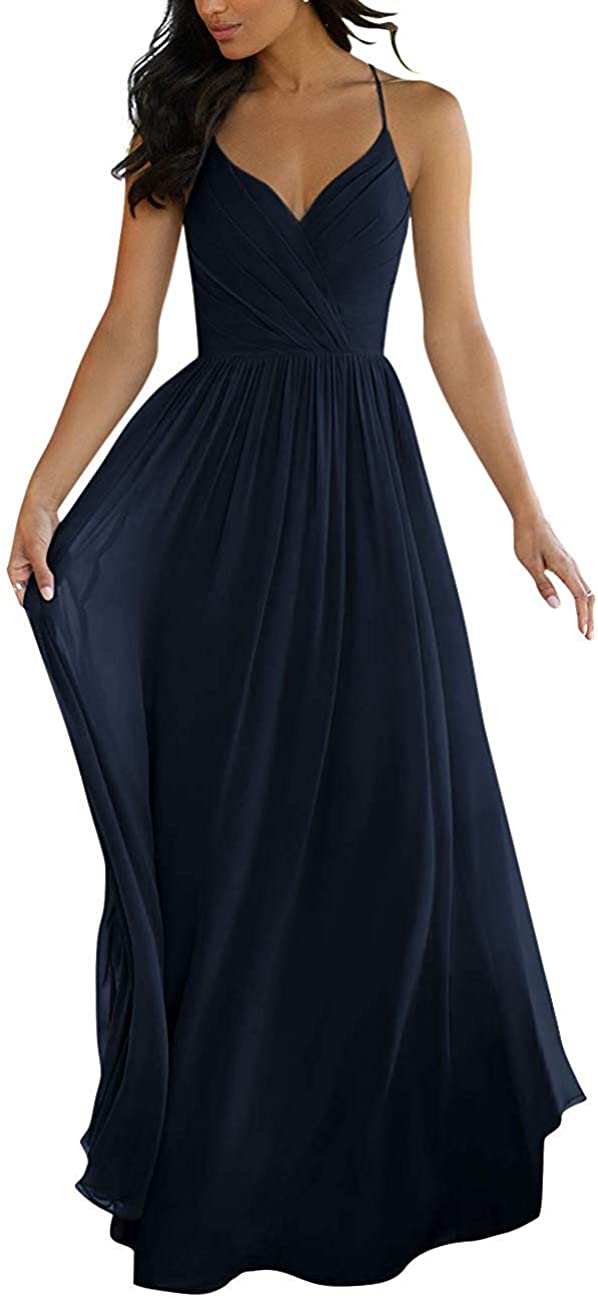 Classy Long Dusty Blue V-Neck Bridesmaid Dresses With Pockets A-Line Spaghetti Floor Length Keyhoel Back Formal Dress for Wedding