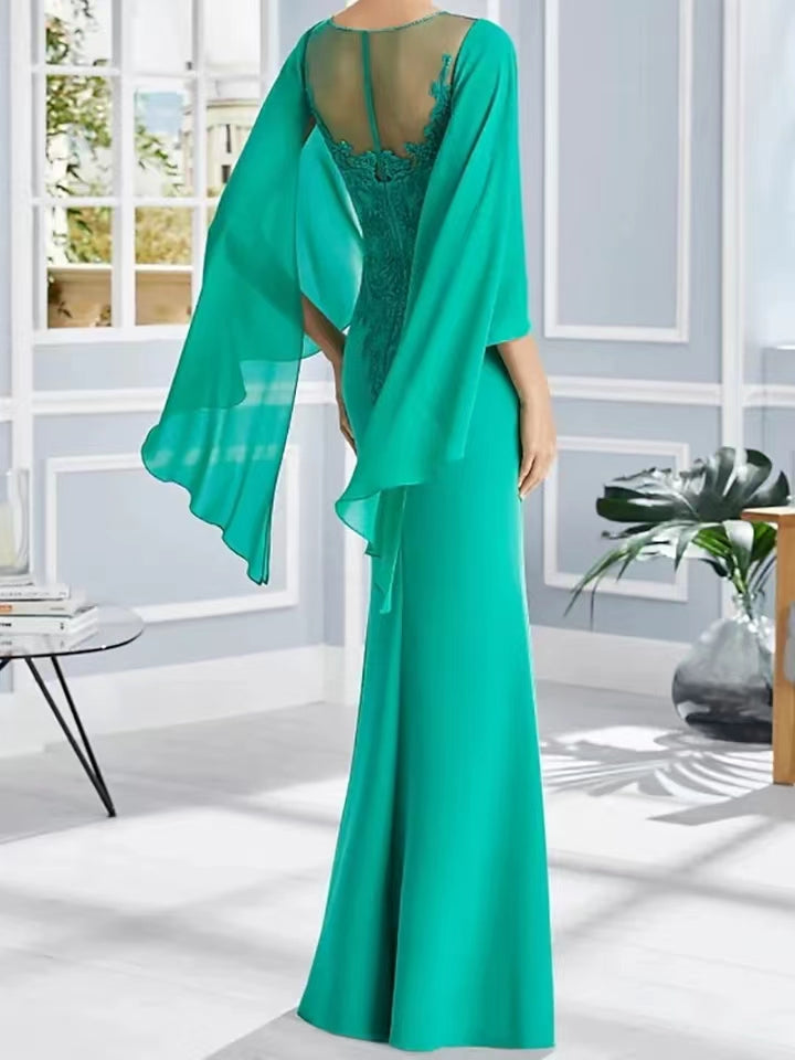 Vintage Long Green Shear Mother of the Brides/Groom Dresses With Cape Mermaid See Thourgh Back Floor Length Dresses for Wedding