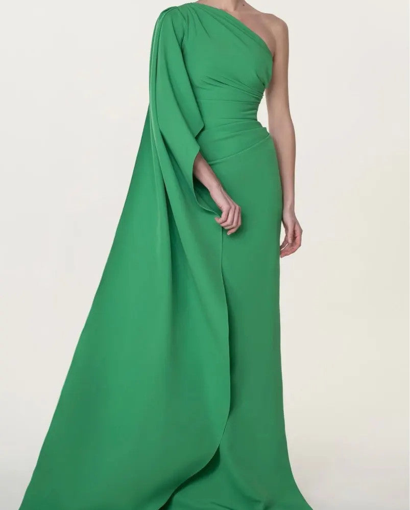 Elegant Long Green One Shoulder Evening Dresses Mermaid Crepe Watteau Train Ramadan Dresses for Women