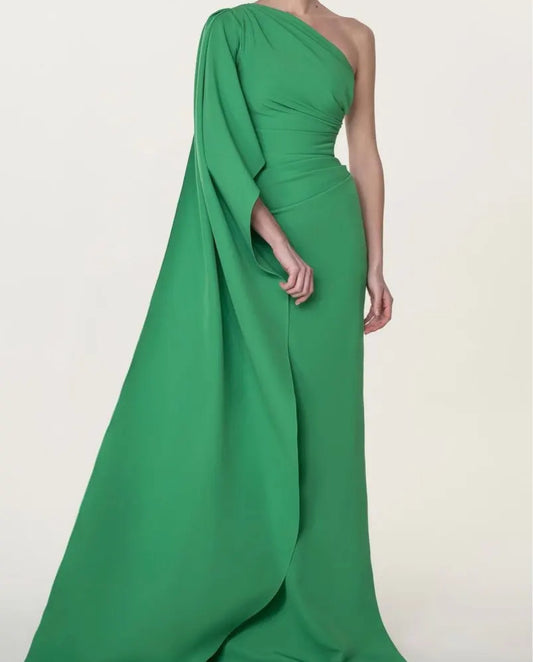 Elegant Long Green One Shoulder Evening Dresses Mermaid Crepe Watteau Train Ramadan Dresses for Women