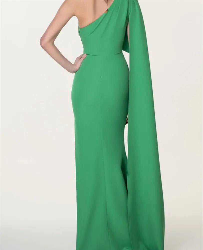 Elegant Long Green One Shoulder Evening Dresses Mermaid Crepe Watteau Train Ramadan Dresses for Women