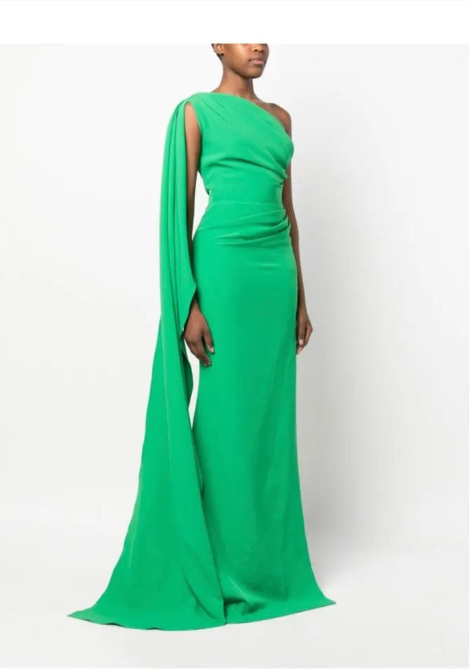 Elegant Long Crepe Green Evening Dresses With Cape Mermaid Pleated Watteau Train Ramadan Dresses for Women