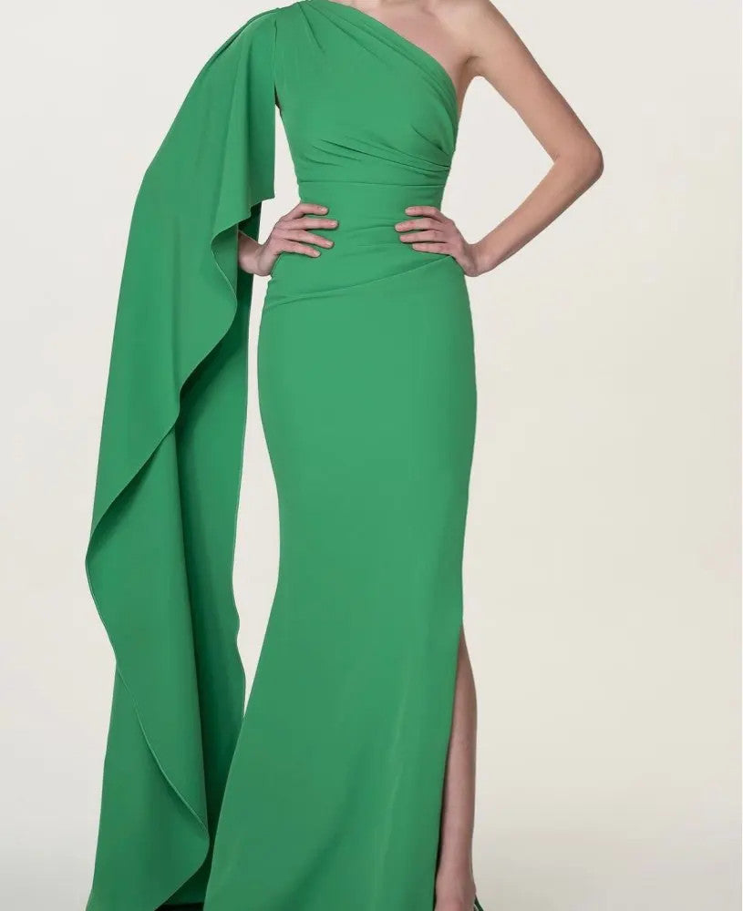 Elegant Long Green One Shoulder Evening Dresses Mermaid Crepe Watteau Train Ramadan Dresses for Women