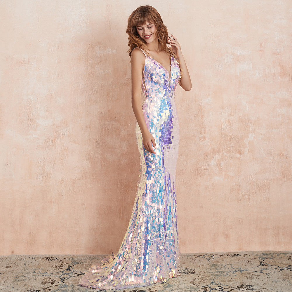 Sexy Long Sequined V-Neck Prom Dresses With Slit Mermaid Spaghetti Criss-Cross Evening Dresses for Women