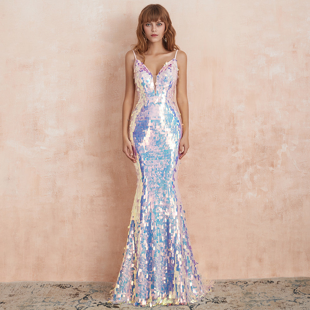 Sexy Long Sequined V-Neck Prom Dresses With Slit Mermaid Spaghetti Criss-Cross Evening Dresses for Women
