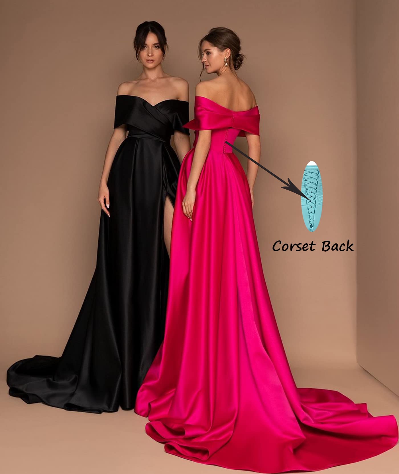 Classic Long Off Shoulder Satin Evening Dresses With Pockets A-Line Green Pleated Side Slit Prom Dress فساتين السهرة for Women