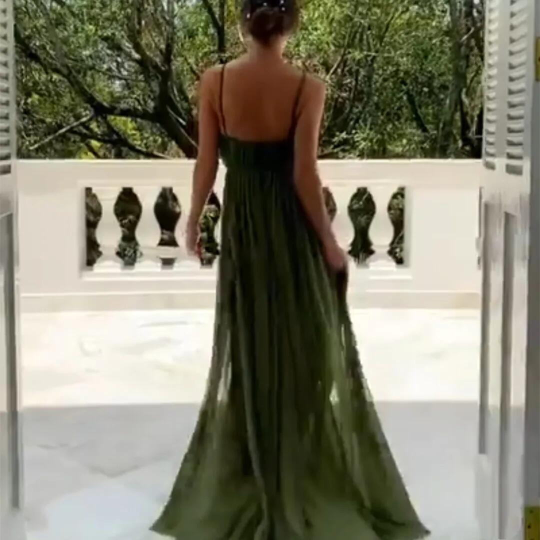 Sexy Long Green Chiffon Bridesmaid Dresses With Slit A-Line V-Neck فساتين السهرة Floor Length Evening Dresses Zipper Back Robe de soirée for Women