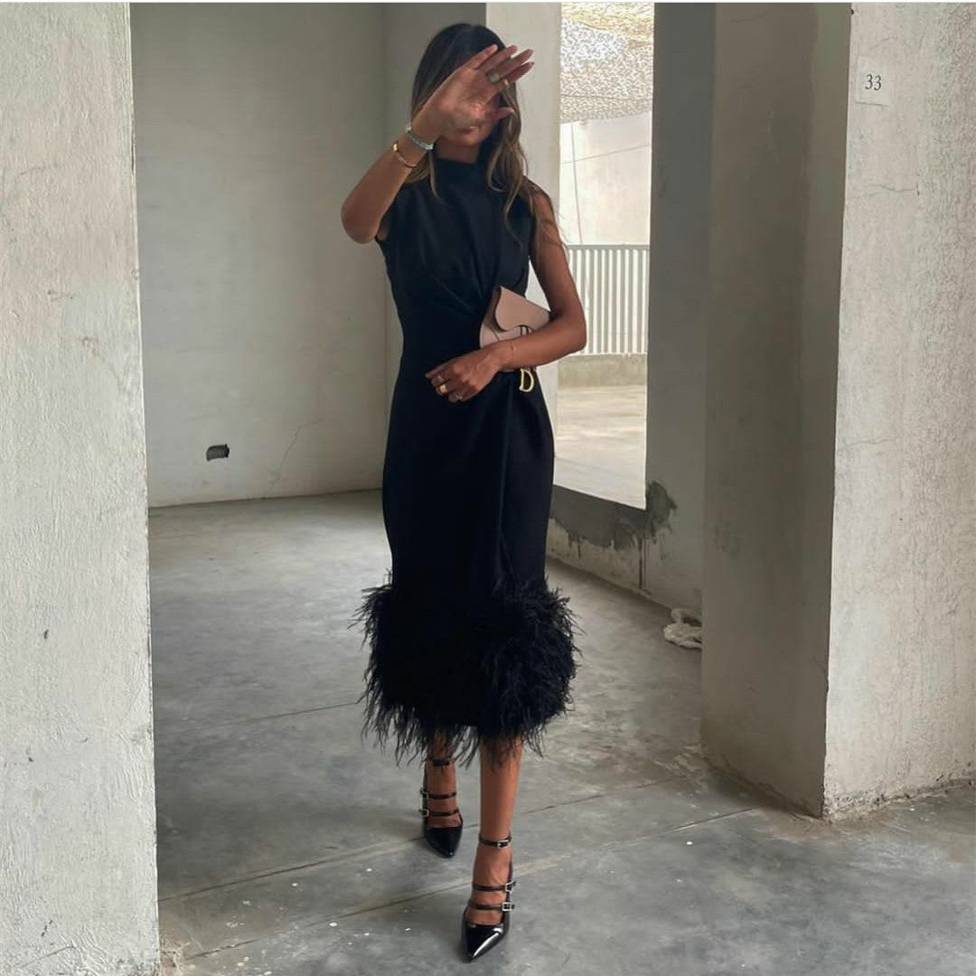 Elegant Short Black Crepe Evening Dresses With Feathers Sheath High Neck Pleated Tea Length Party Dresses for Ramadan/Eid