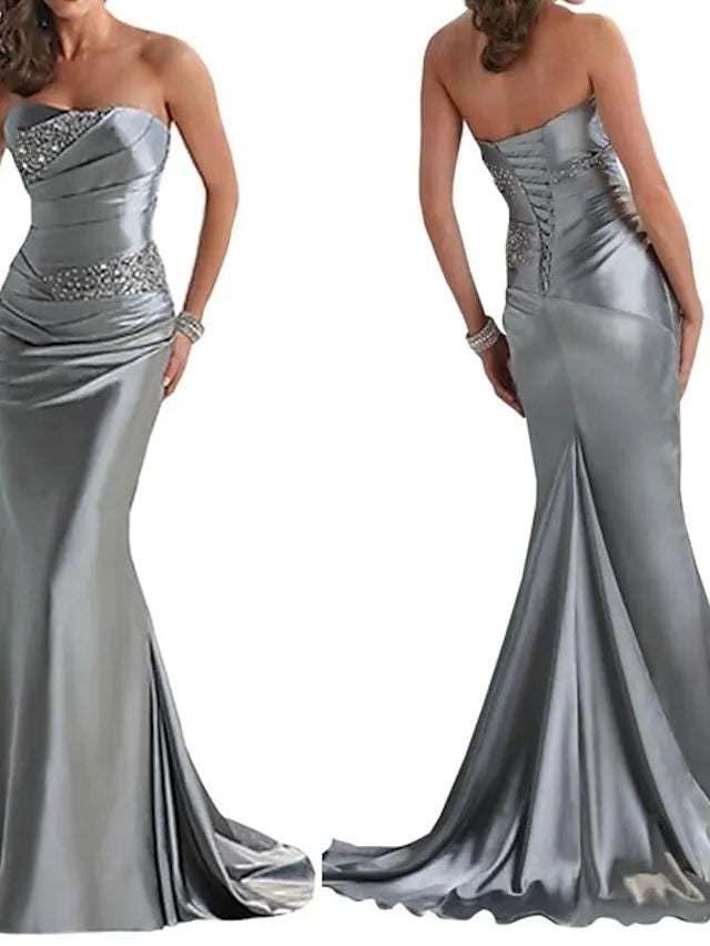 Elegant Mermaid Satin Long Mother of Bride Dresses Gray Wedding Guest Formal Sweetheart Lace Up Sweep Train Mother of Groom Dress