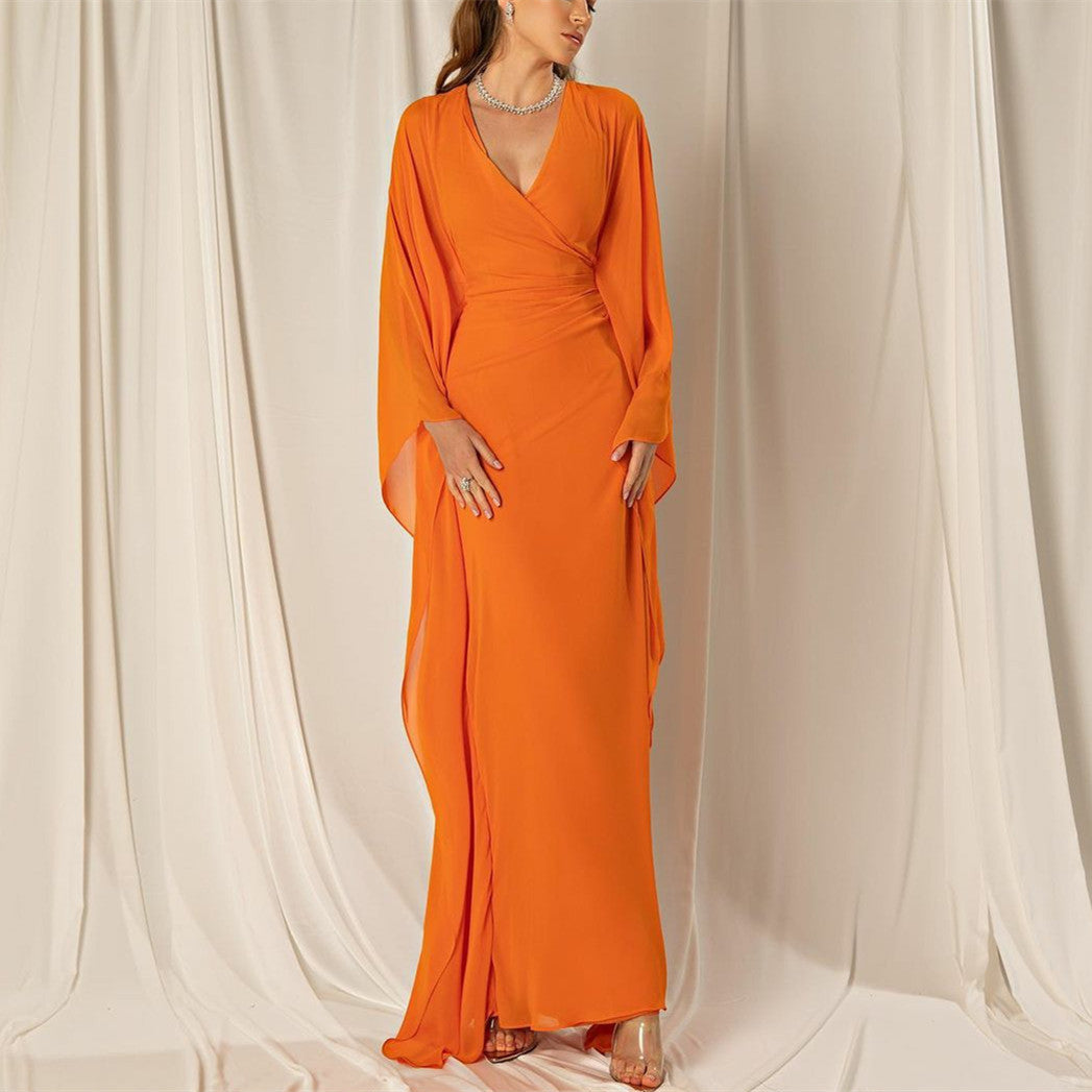 Elegant Long Orange Chiffon Evening Dresses A-Line V-Neck Pleated Party Dresses for Ramadan