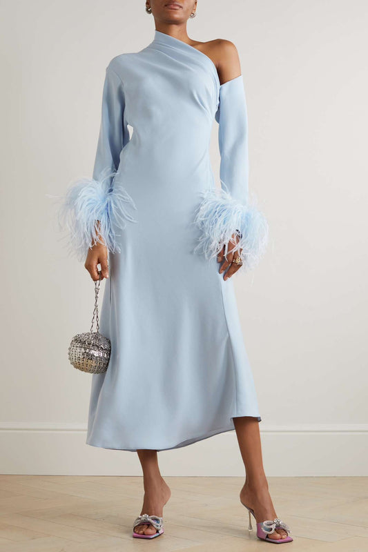 Long Sleeve Light Blue Crepe Evening Dresses With Feathers فساتين السهرة Sheath Side Slit Tea Length Party Dress for Women