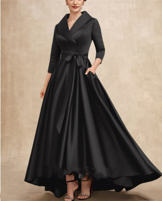 Vintage Hi-Lo Black Satin Mother of the Bride Dresses With Pockets A-Line V-Neck 3/4 Sleeve Mother of the Groom Dress for Wedding