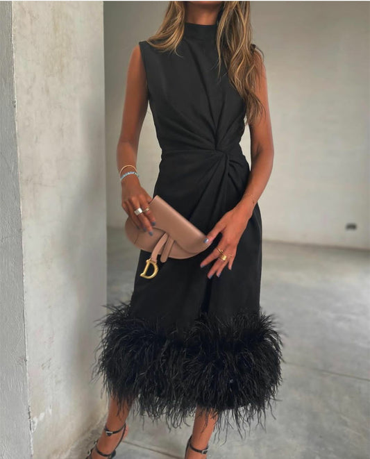 Elegant Short Black Crepe Evening Dresses With Feathers Sheath High Neck Pleated Tea Length Party Dresses for Ramadan/Eid