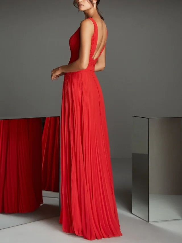 Elegant Long Red Chiffon Evening Dresses A-Line Pleated V-Neck Floor Length Prom Dresses for Women