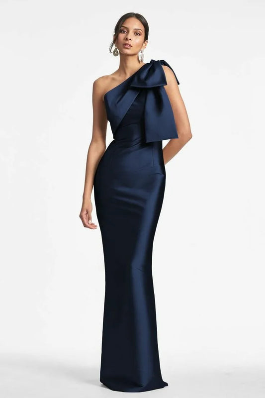 Elegant Long Dark Navy Prom Dresses With Bow Mermaid Satin Zipper Back Pleated Floor Length Evening Dresses for Women