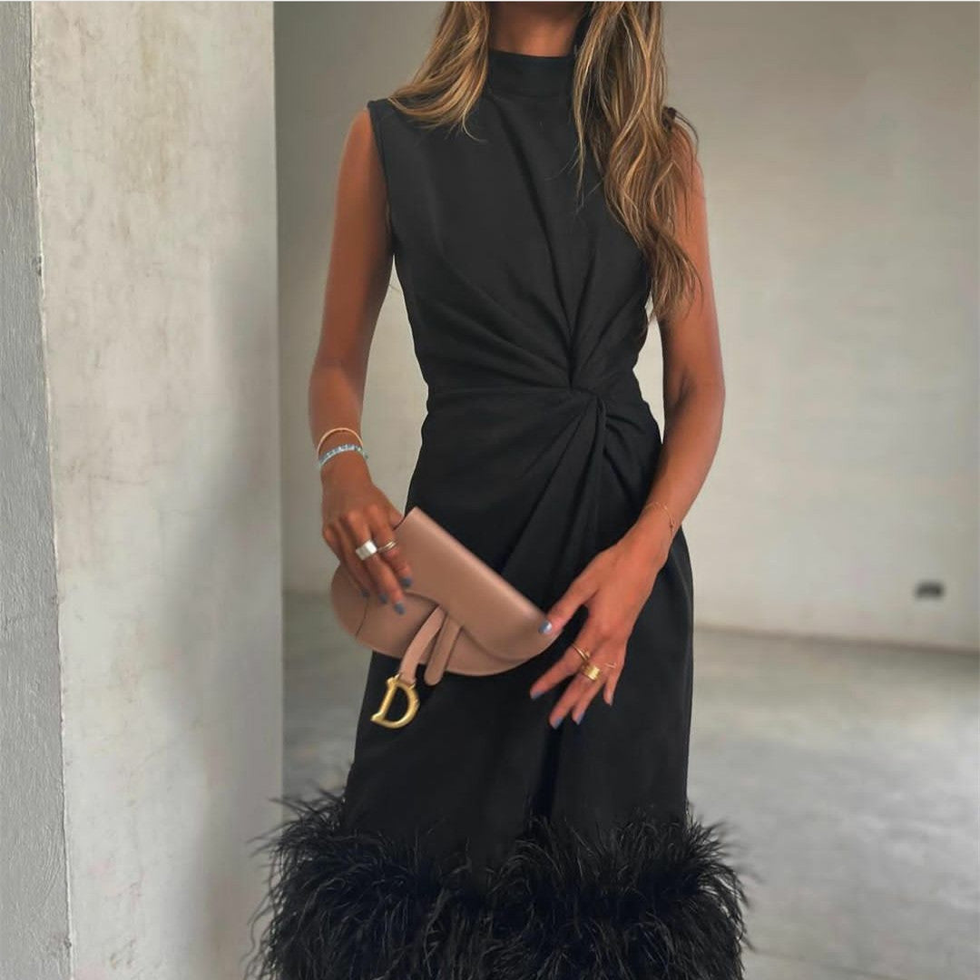 Elegant Short Black Crepe Evening Dresses With Feathers Sheath High Neck Pleated Tea Length Party Dresses for Ramadan/Eid