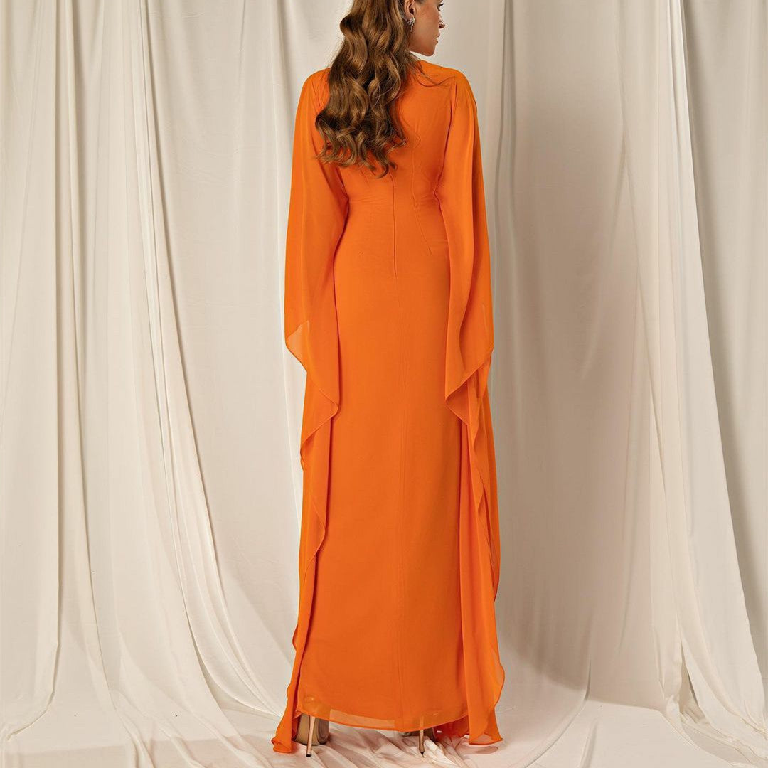 Elegant Long Orange Chiffon Evening Dresses A-Line V-Neck Pleated Party Dresses for Ramadan