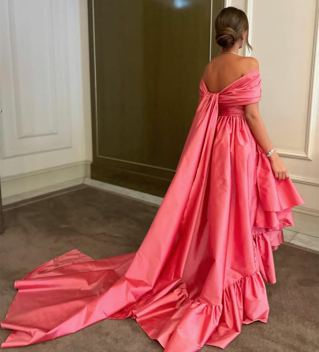 Vintage Long Pink Taffeta Evening Dresses With Ruffles Hi-Lo Sweep Train Party Ramadan Dress for Women