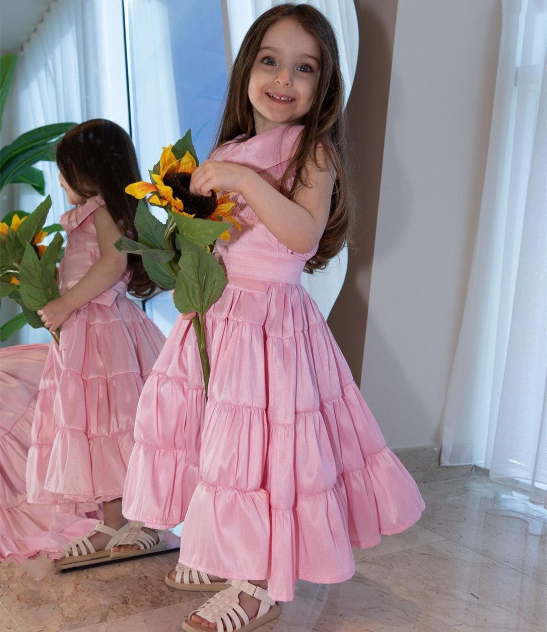 Vintage Long Pink Taffeta Evening Dresses A-Line Jewel Neck Ruffled Floor Length Prom Dresses for Women