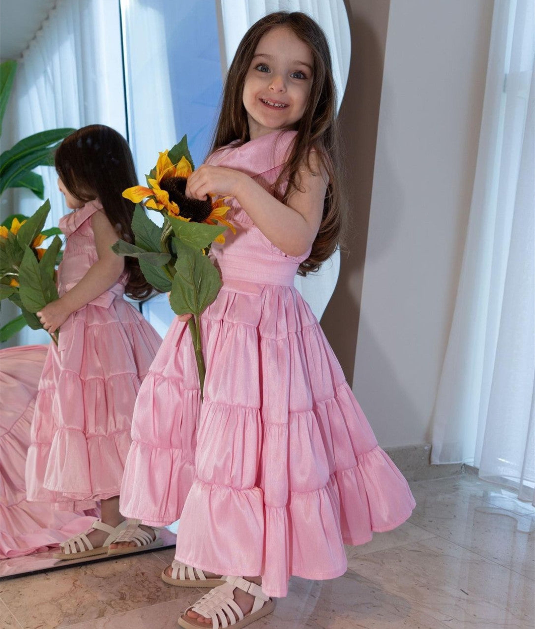 Vintage Long Pink Taffeta Evening Dresses A-Line Jewel Neck Ruffled Floor Length Prom Dresses for Women