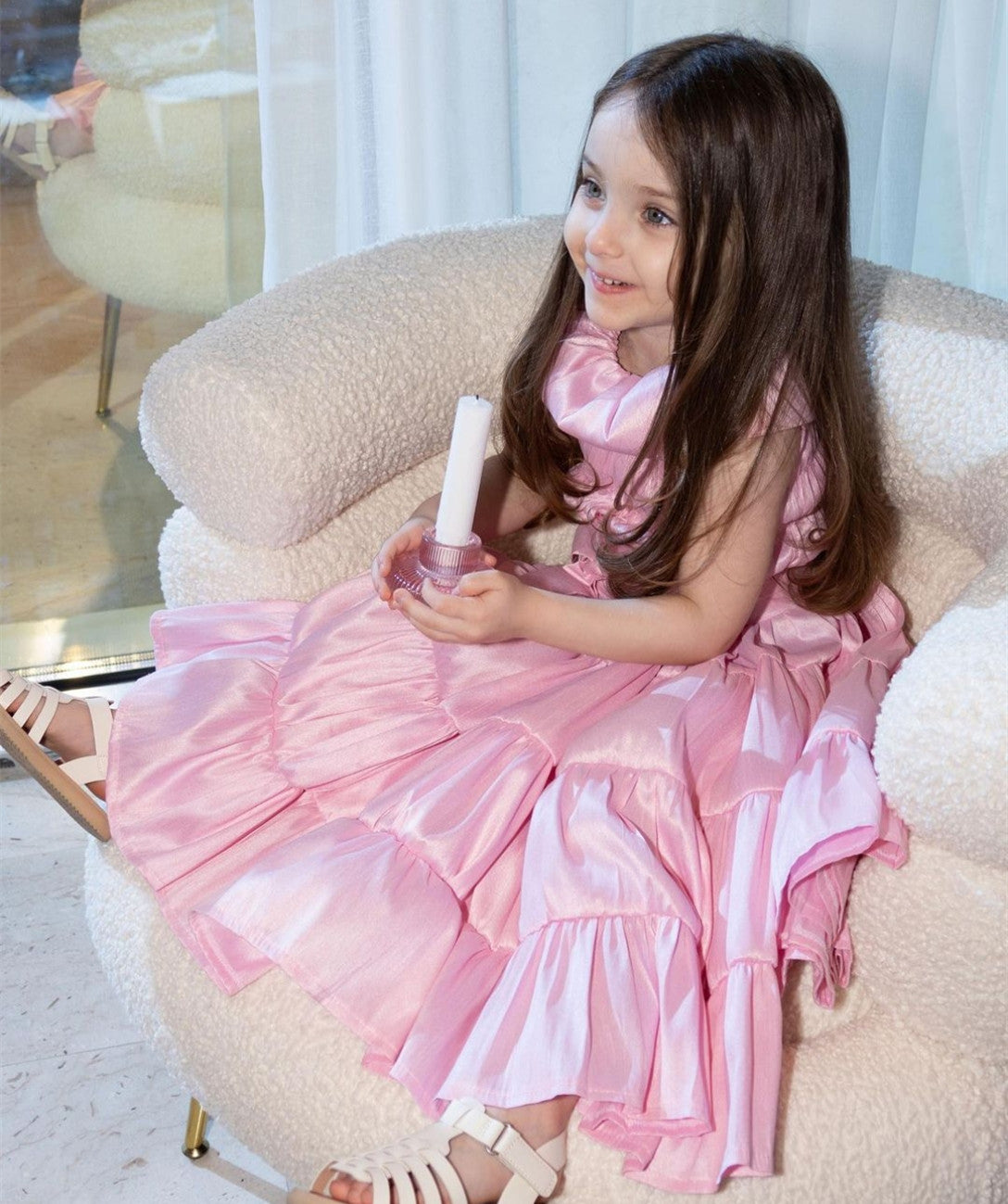 Vintage Long Pink Taffeta Evening Dresses A-Line Jewel Neck Ruffled Floor Length Prom Dresses for Women