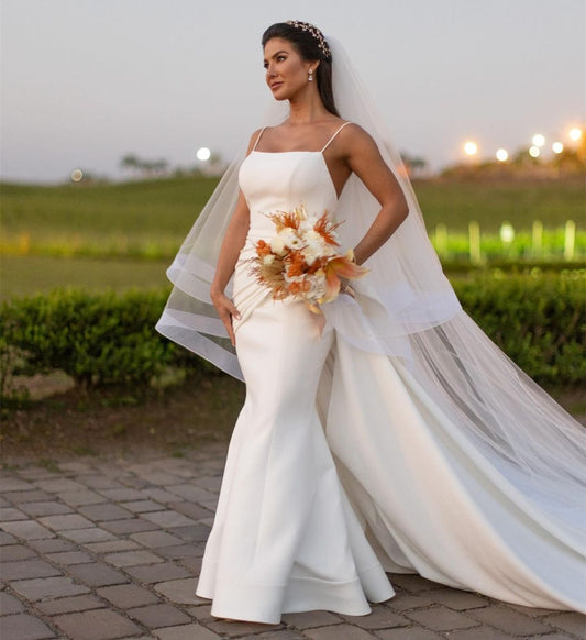 Classy Long Ivory Crepe Wedding Dresses Mermaid Spagehtti Straps Zipper Back Sweep Train for Women