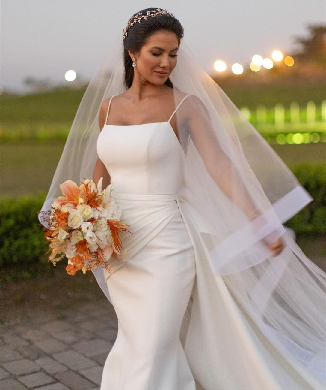 Classy Long Ivory Crepe Wedding Dresses Mermaid Spagehtti Straps Zipper Back Sweep Train for Women