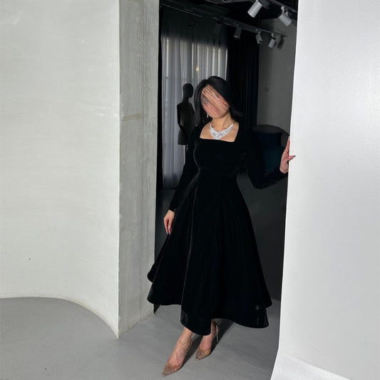 Elegant Short Black Velvet Evening Dresses With Pockets A-Line Sqaure Collar Tea Length Prom Dresses for Women