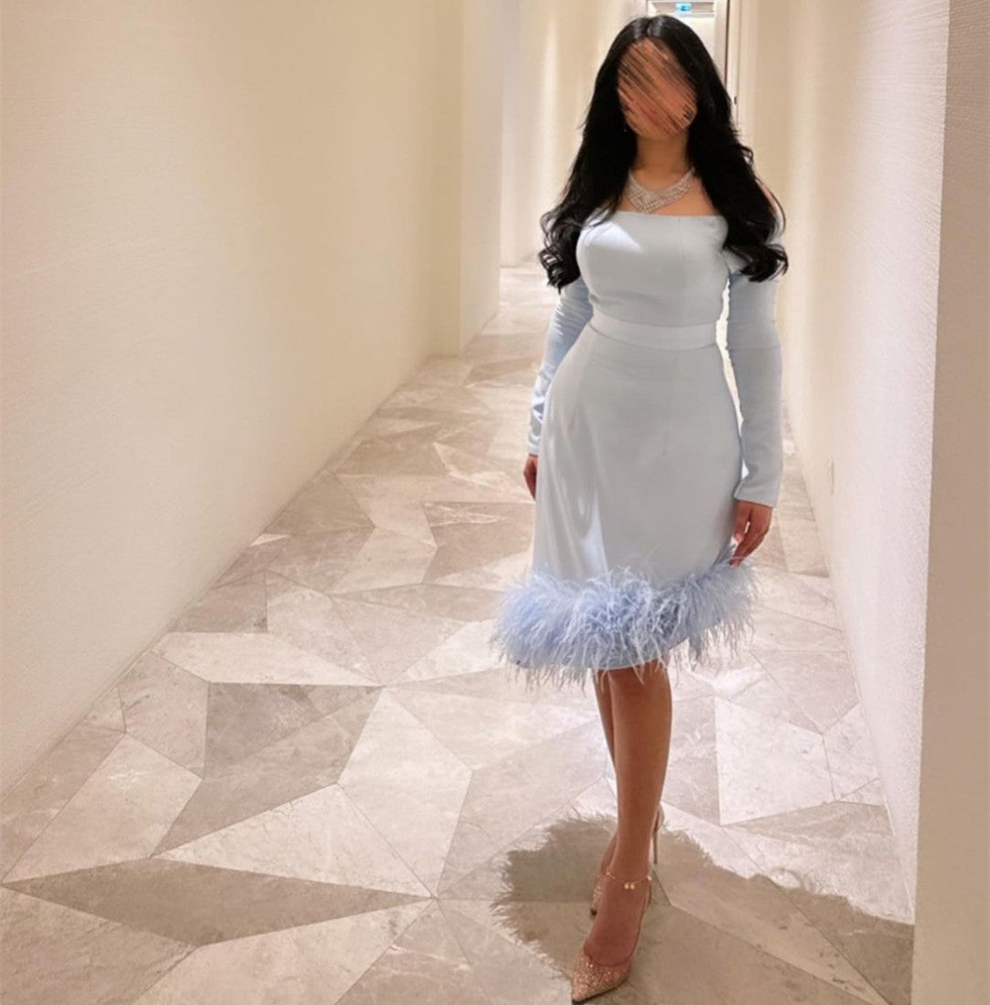 Vintage Short Crepe Light Blue Evening Dresses With Feathers Sheath Bateau Neck Under Knee Length Party Dresses for Ramadan