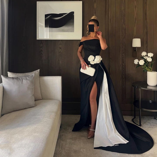 Elegant Long Black Satin Evening Dresses With Slit Mermaid One Shoulder Prom Dress With Flower for Women