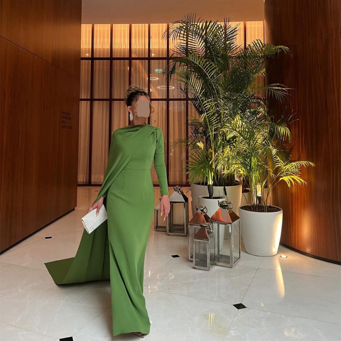 Elegant Long Green Crepe Evening Dresses With Cape Mermaid O-Neck Floor Length Prom Dress for Women