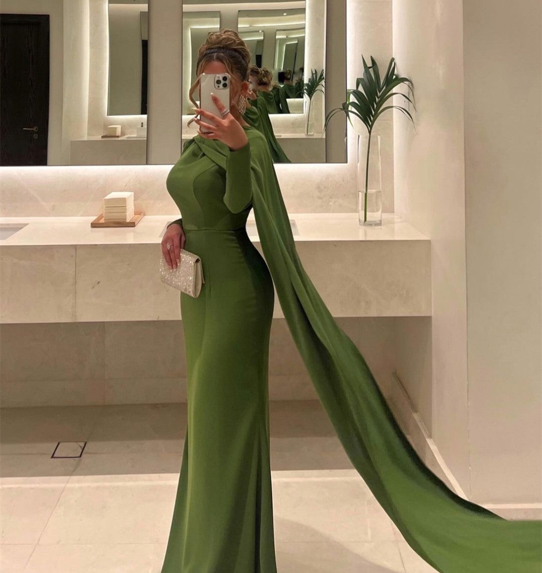 Elegant Long Green Crepe Evening Dresses With Cape Mermaid O-Neck Floor Length Prom Dress for Women