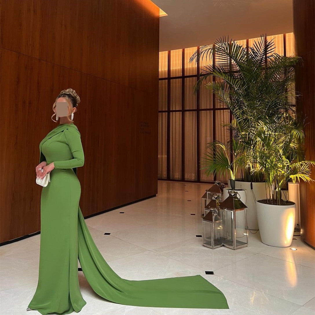 Elegant Long Green Crepe Evening Dresses With Cape Mermaid O-Neck Floor Length Prom Dress for Women