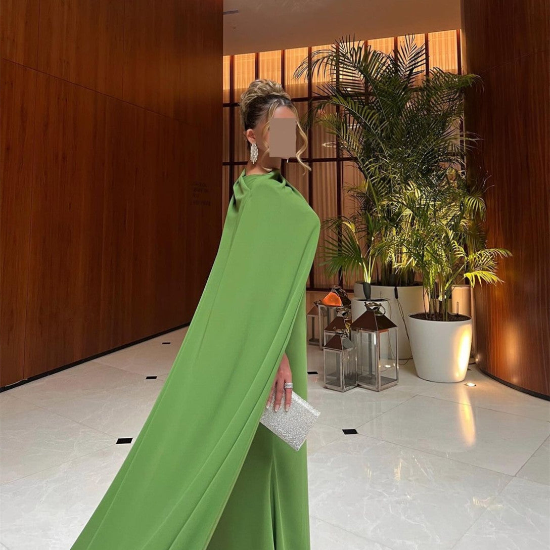 Elegant Long Green Crepe Evening Dresses With Cape Mermaid O-Neck Floor Length Prom Dress for Women