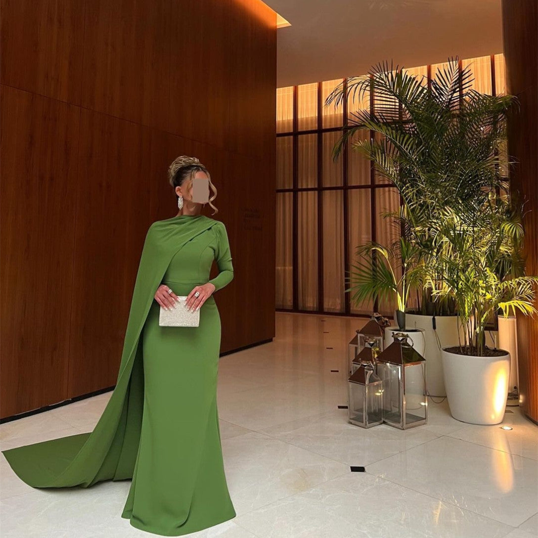 Elegant Long Green Crepe Evening Dresses With Cape Mermaid O-Neck Floor Length Prom Dress for Women