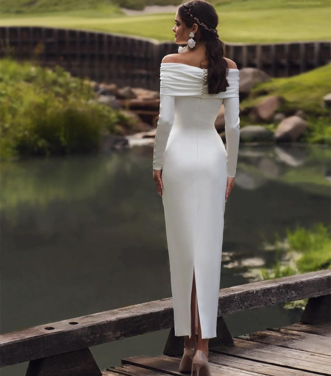 Vintage Short Boat Neck Crepe Wedding Dresses Sheath Pleated Long Sleeve Ankle Length Bridal Gowns for Women