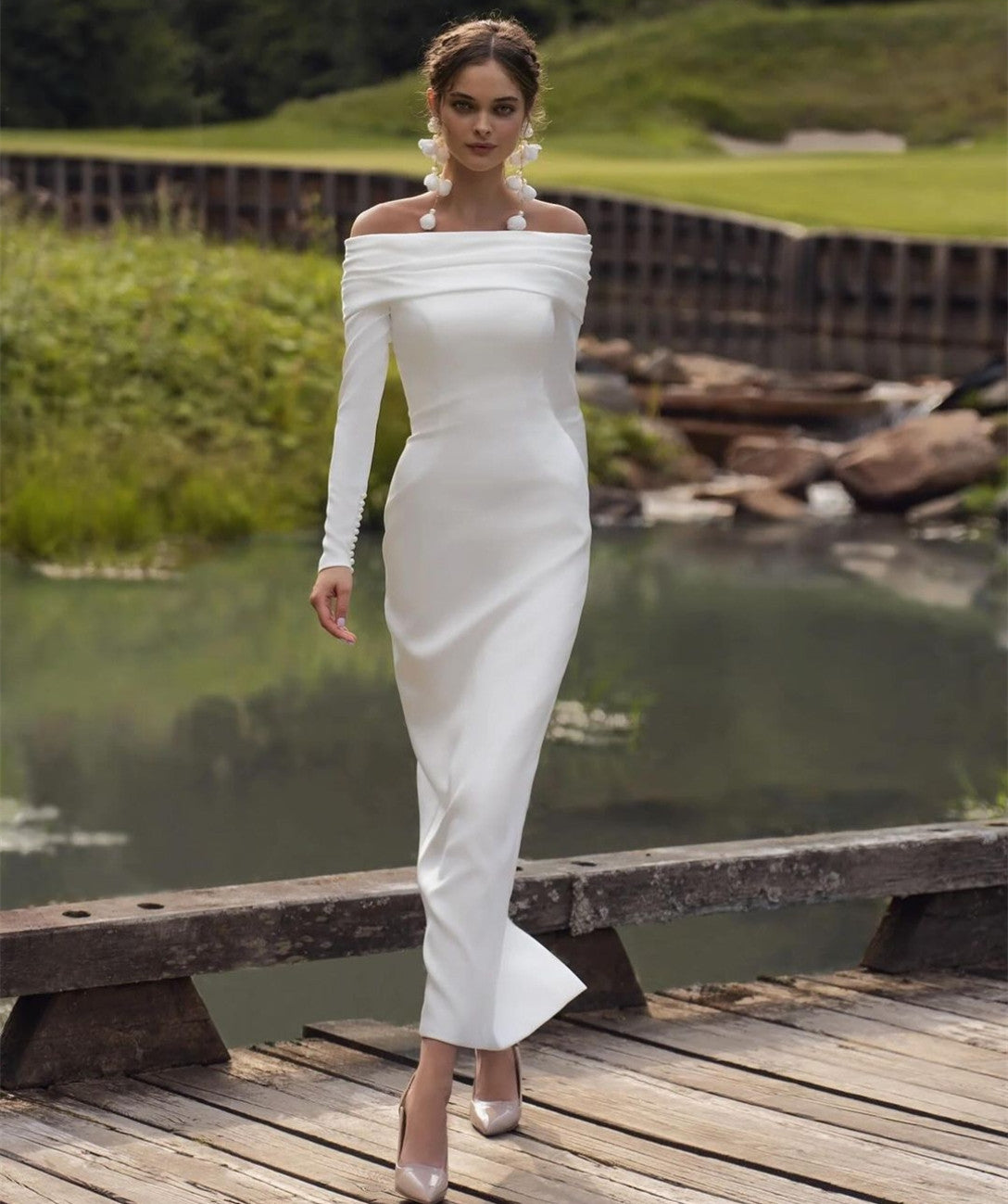 Vintage Short Boat Neck Crepe Wedding Dresses Sheath Pleated Long Sleeve Ankle Length Bridal Gowns for Women