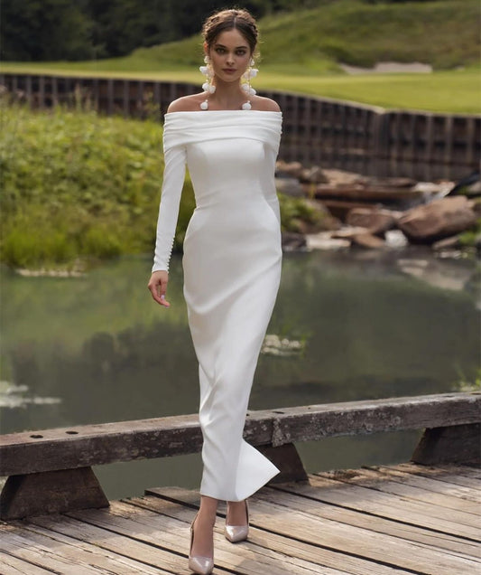 Vintage Short Boat Neck Crepe Wedding Dresses Sheath Pleated Long Sleeve Ankle Length Bridal Gowns for Women