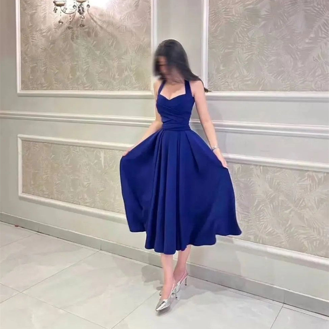 Classy Short Royal Blue Satin Evening Dresses With Pockets A-Line Sweetheart Tea Length Ramadan Dresses for Women