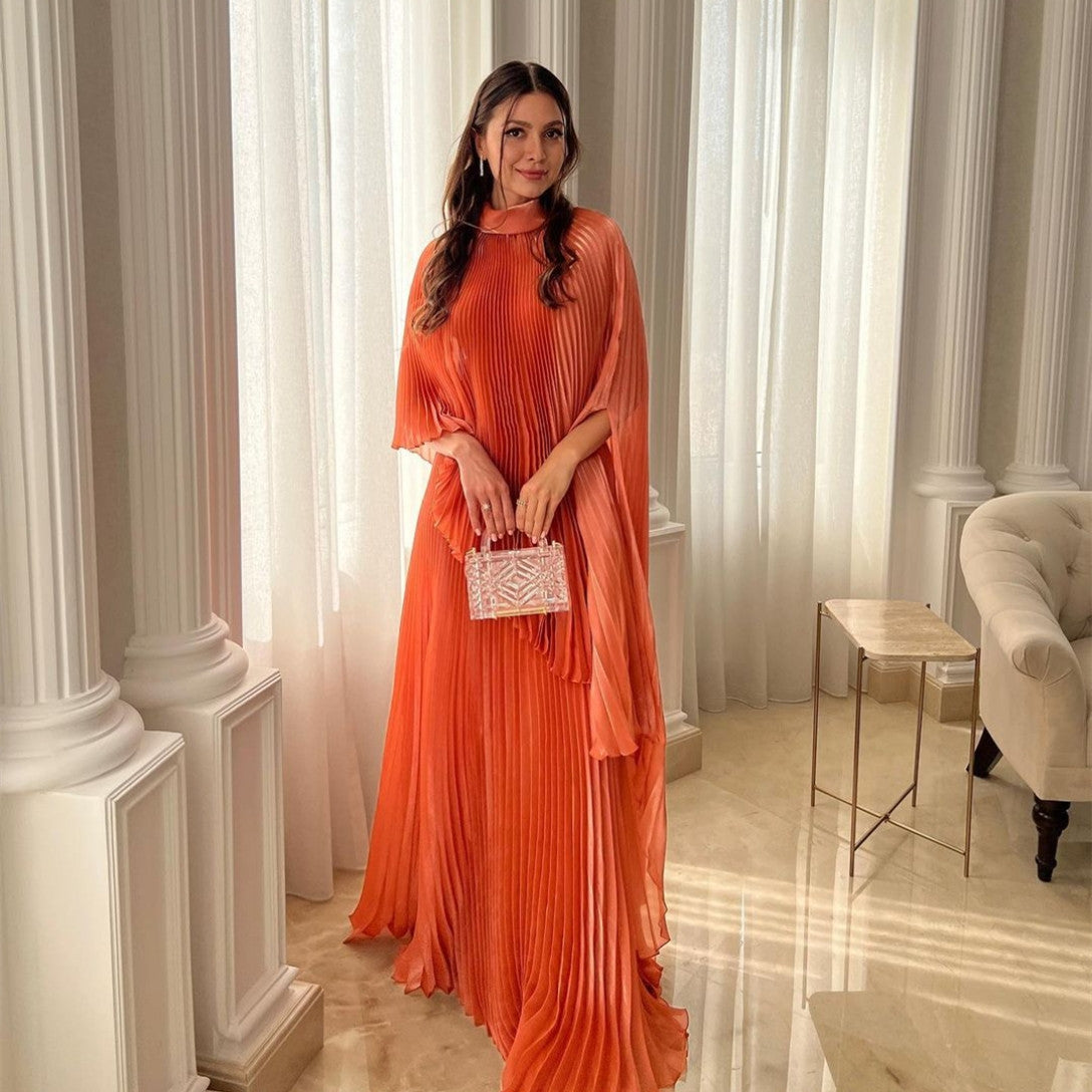 Long Orange Chiffon Evening Dresses With Ruches A-Line Orange High Neck Floor Length فساتين السهرة Ramadan Eid Dresses