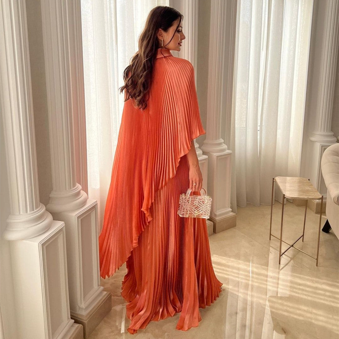 Long Orange Chiffon Evening Dresses With Ruches A-Line Orange High Neck Floor Length فساتين السهرة Ramadan Eid Dresses