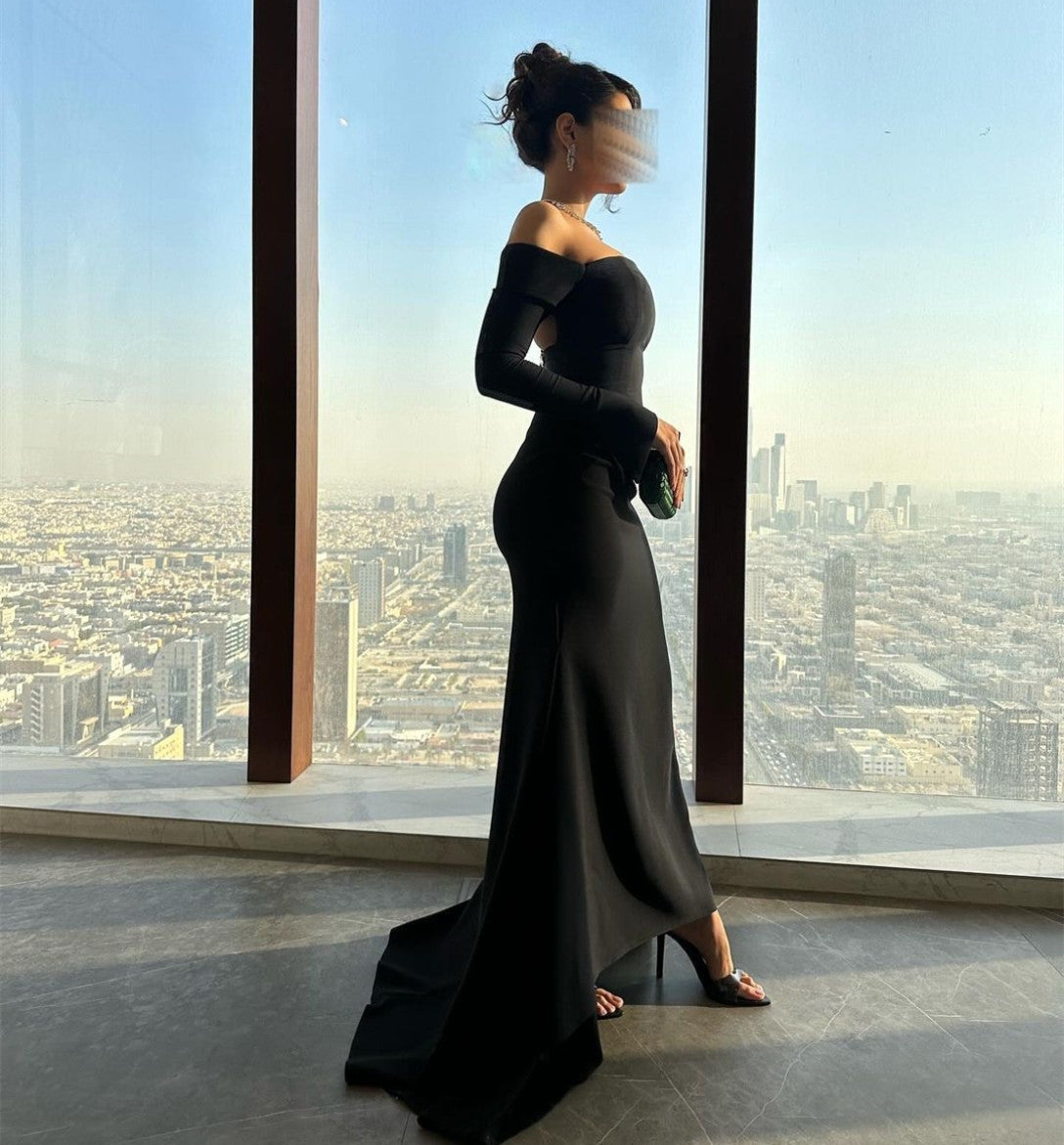 Long Sleeve Black Bateau Neck Evening Dresses Mermaid Crepe Ankle Length فساتين السهرة Ramadan Eid Dresses