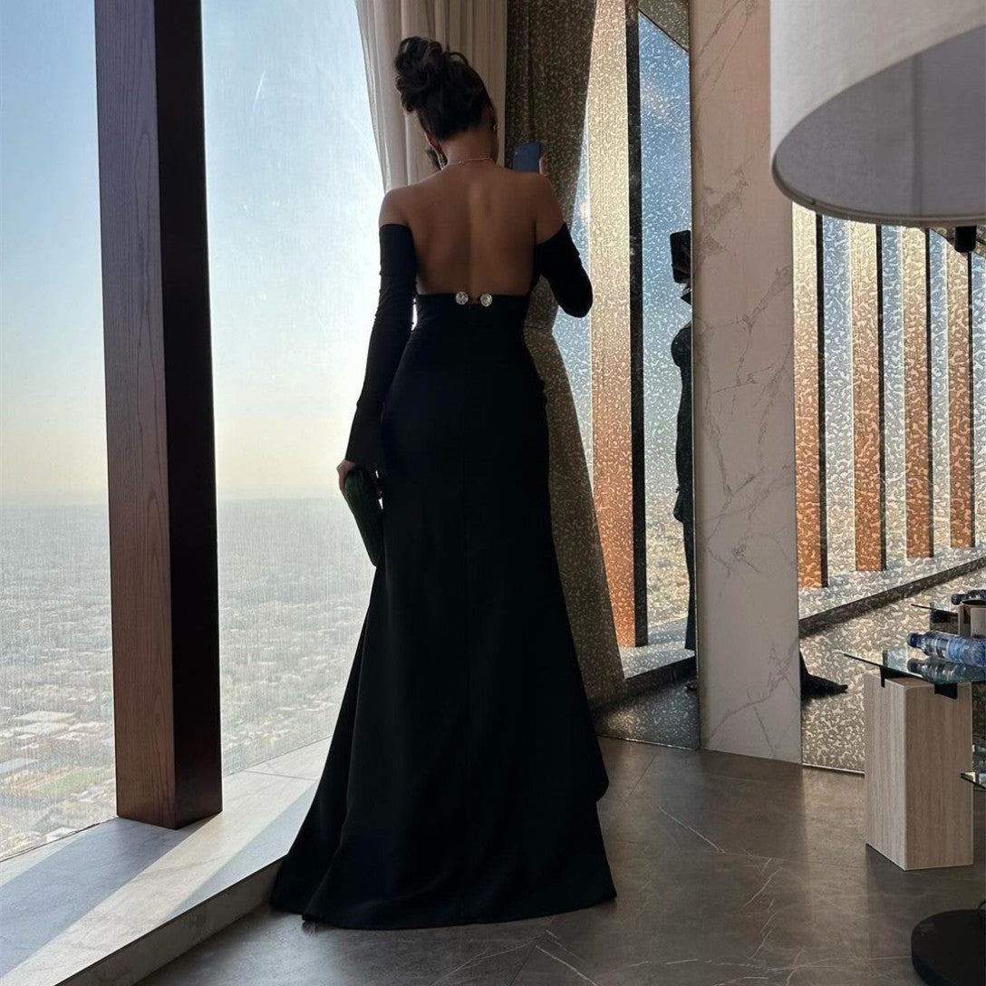 Long Sleeve Black Bateau Neck Evening Dresses Mermaid Crepe Ankle Length فساتين السهرة Ramadan Eid Dresses