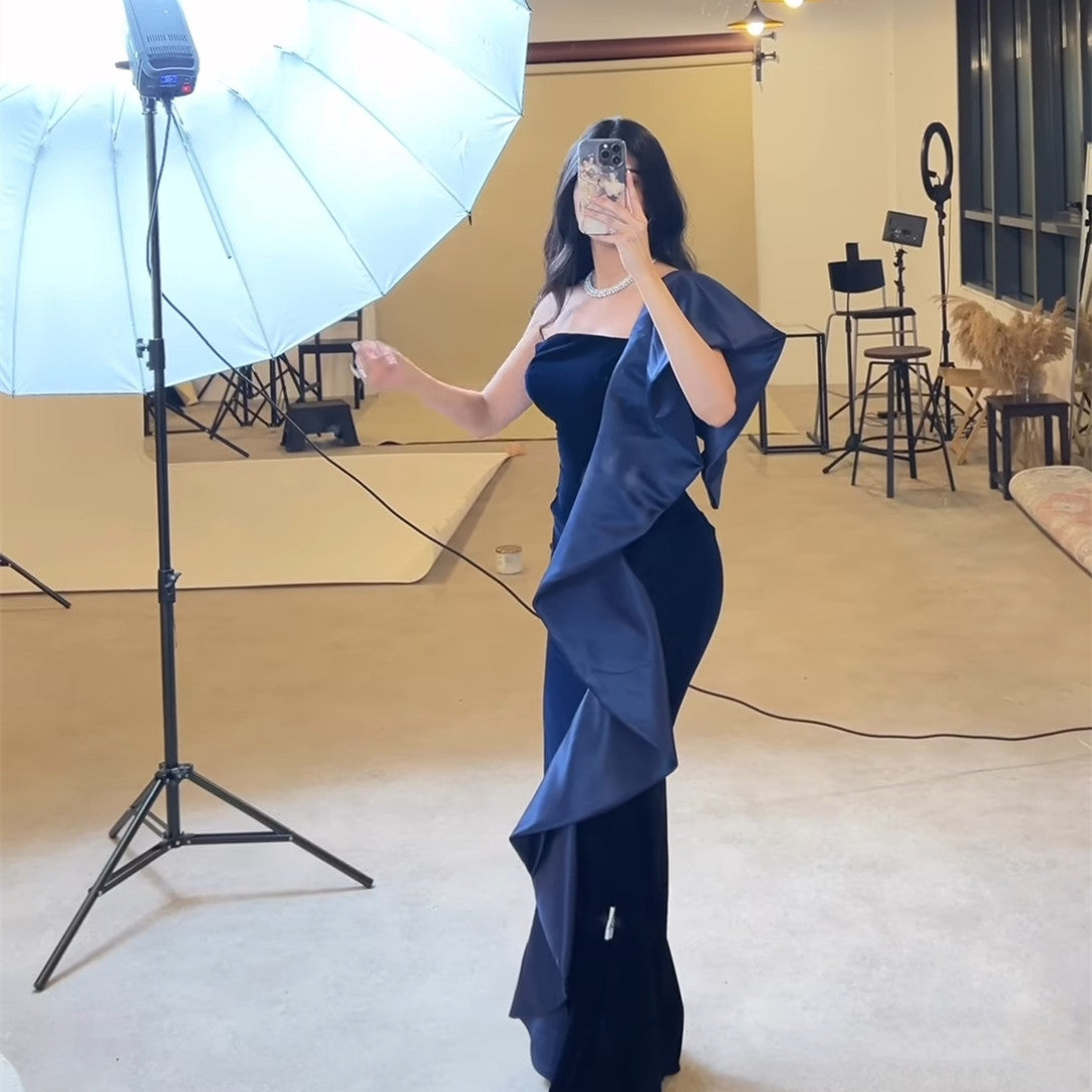 Long Black Velvet Evening Dresses With Ruffles Mermaid One Shoulder Pleated Sweep Train فساتين السهرة Ramadan Eid Dresses
