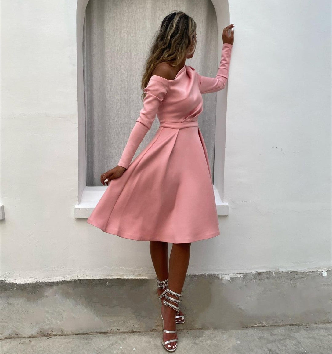 Short Pink Crepe Evening Dresses Long Sleeves A-Line Pleated Knee Length فساتين السهرة Ramadan Eid Dresses