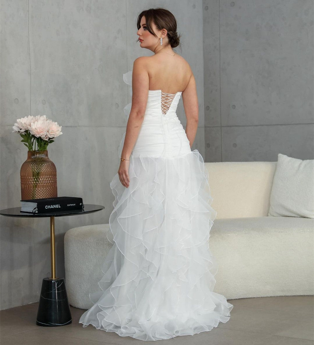 Elegant Long Organza Ruffled Wedding Dresses Mermaid Sweetheart Sweep Train Bridal Gowns for Women
