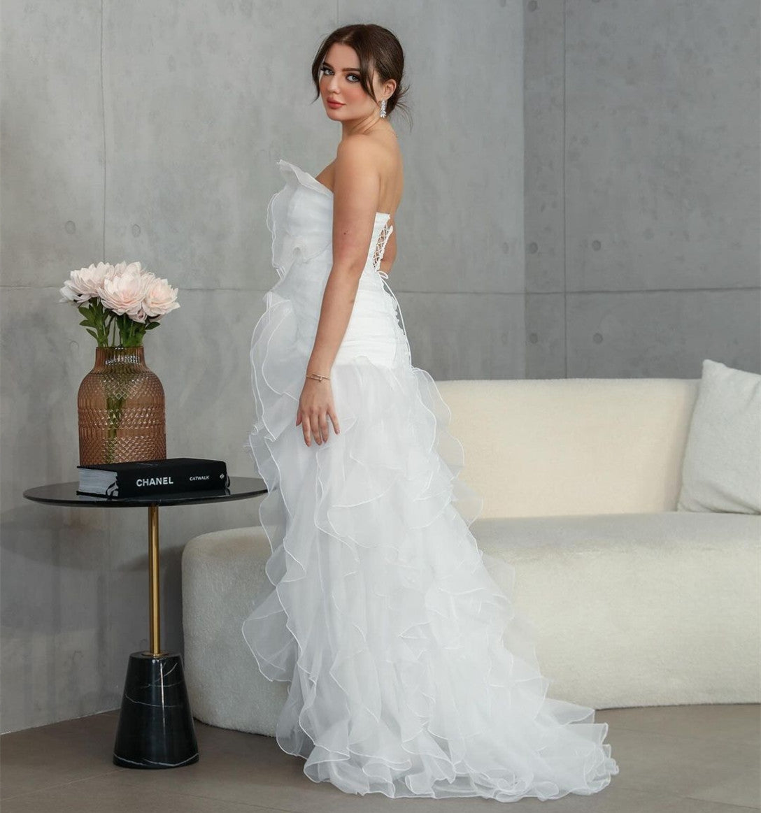 Elegant Long Organza Ruffled Wedding Dresses Mermaid Sweetheart Sweep Train Bridal Gowns for Women