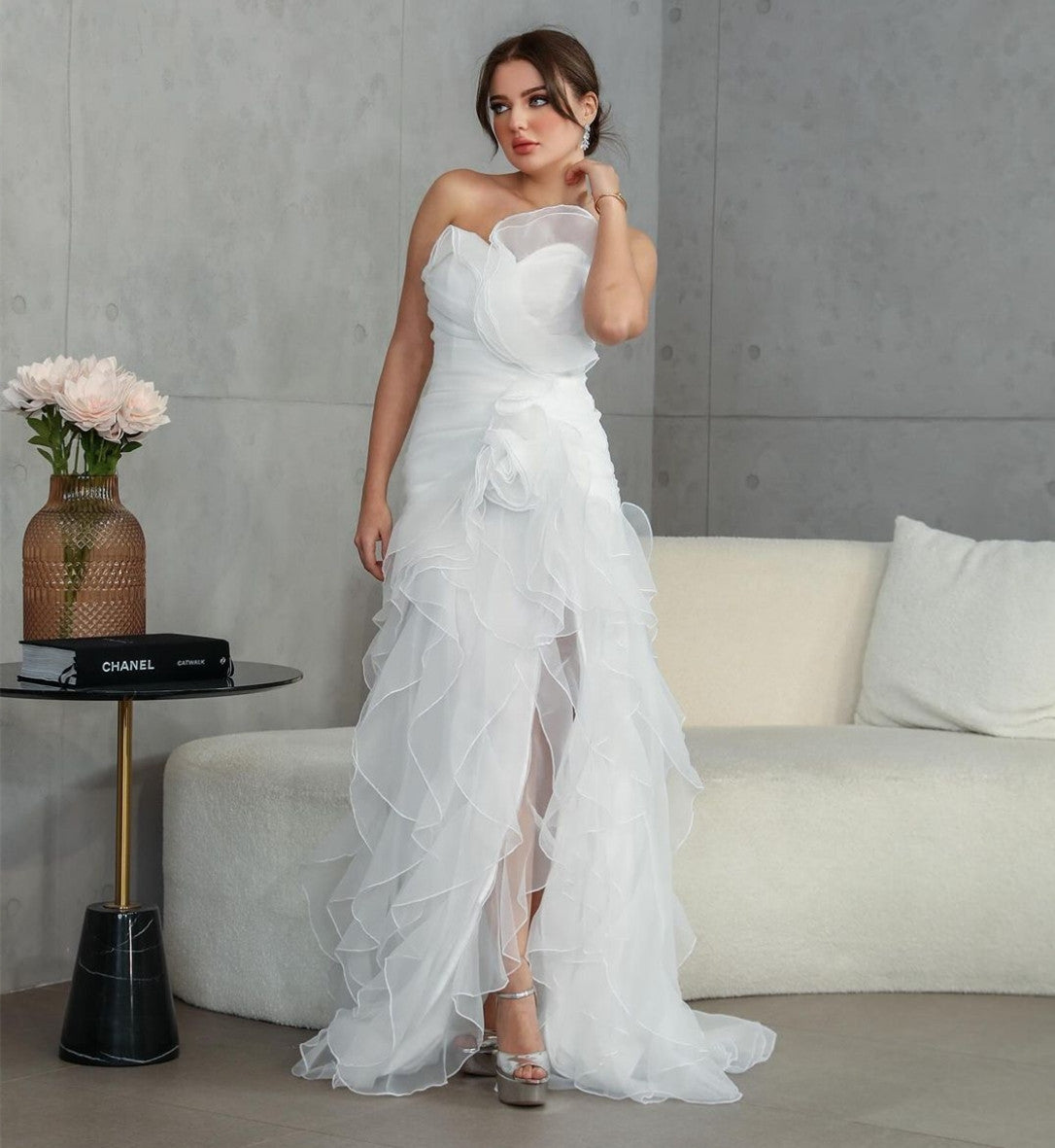 Elegant Long Organza Ruffled Wedding Dresses Mermaid Sweetheart Sweep Train Bridal Gowns for Women